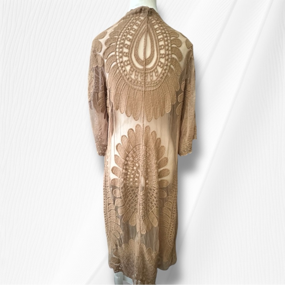Rebellion Women's Tan Lace Floral Long Open Kimono Duster Size Medium - Picture 5 of 11